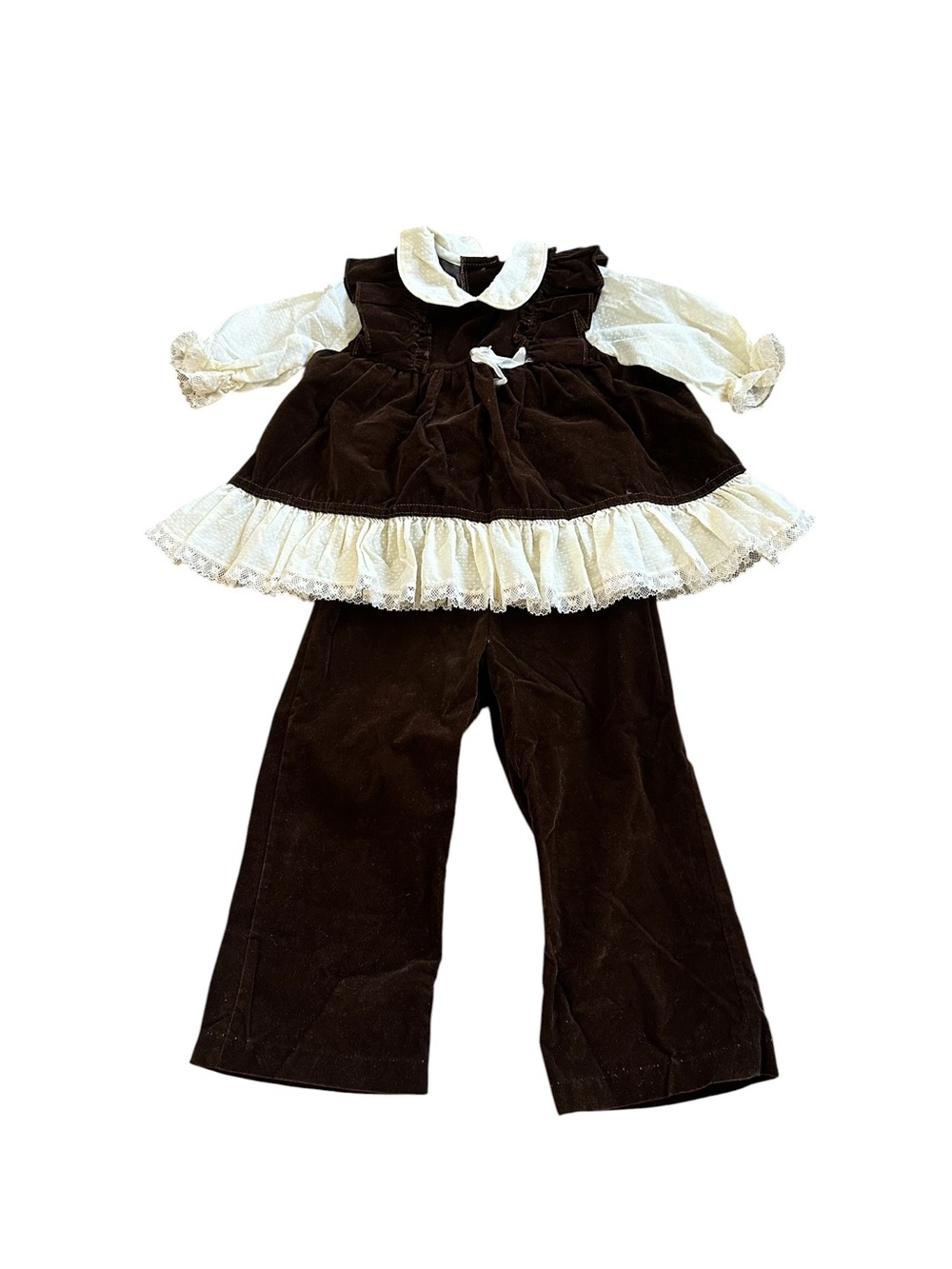 Vintage Girls 3T Brown Velvet Ruffle Top & Pants Set 70s Retro Cottagecore